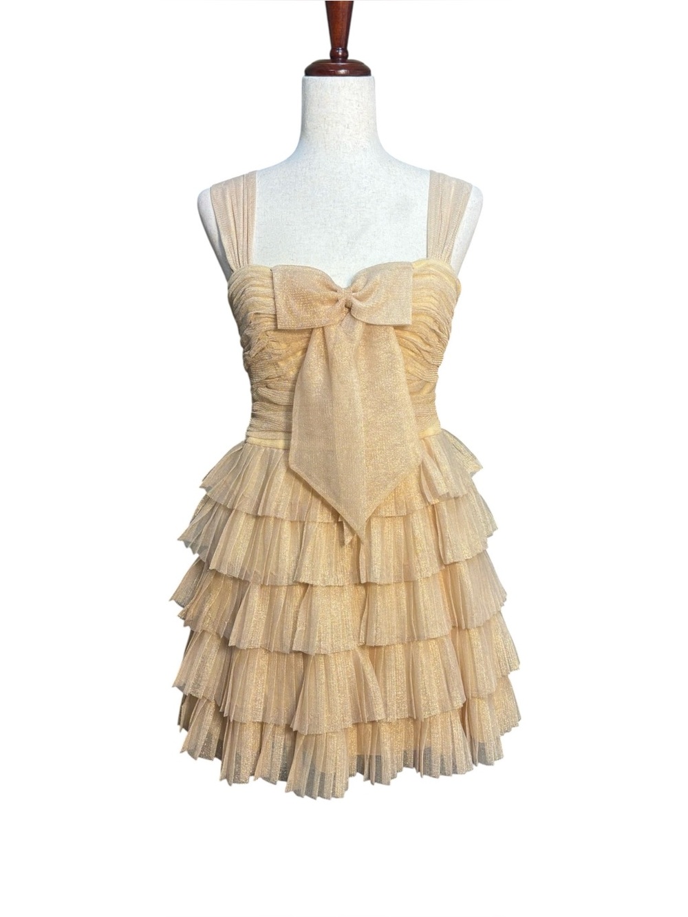 Badgley Mischka x Mack + James Gold Shimmer Tiered Bow Dress Size 8